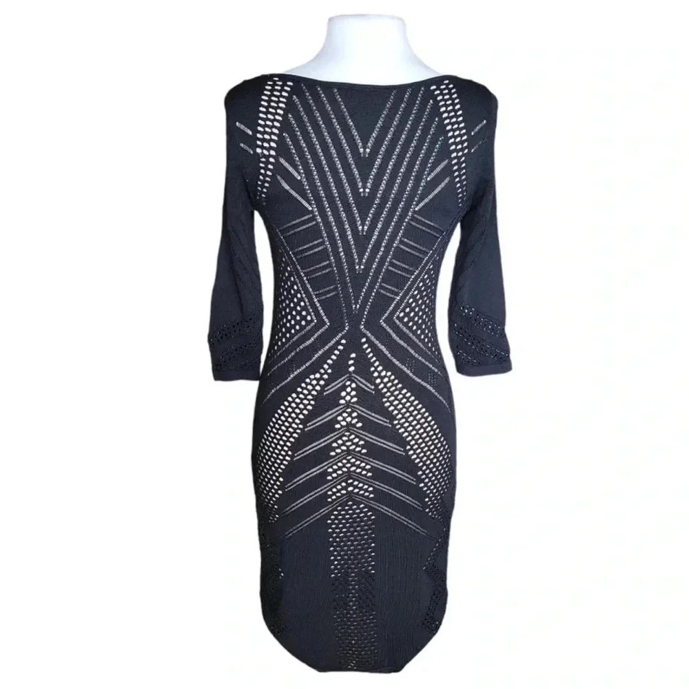 Calvin Klein black laser cut bodycon dress round neck 3/4 sleeves excellent S - Picture 5 of 9